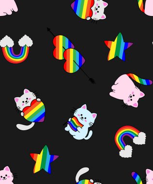 kawaii gökkuşağı kedileri, kalpler, yıldızlar, bulutlar, pürüzsüz desenli kara arkaplan, sevimli gurur bezi lgbt lgbtq dekor