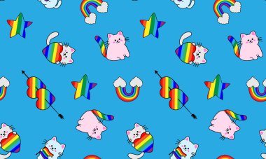 kawaii lgbtq + kediler, gökkuşağı kalpleri, yıldızlar, ve bulutlar mavi üzerinde desen, çocuklar için sevimli gurur çizimi, kumaş, dekor