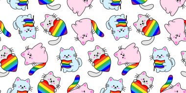 kawaii kedileri gökkuşağı kalpleri ve kuyrukları beyaz arka plan, lgbtq + gurur deseni, sevimli hayvan çizim kumaşı, lgbt dekoru, dijital kağıt