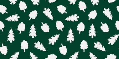 Karanlık zümrüt yeşili arka plan çam, meşe, çam, ladin minimalist tarzı Noel, ambalaj, kumaş üzerinde fildişi ağaç siluetleri ile pürüzsüz desen