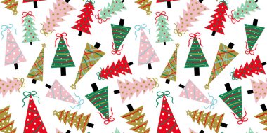 Yeni yıl dekoru için sanat deseni pembemsi minimalist ağaçlar pembe yeşil altın renkler soyut beyaz izole arkaplan