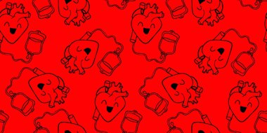 Kan torbası desenli kusursuz kalp. Kırmızı arka planda siyah çizgiler. Sağlık hizmetleri illüstrasyonunda.