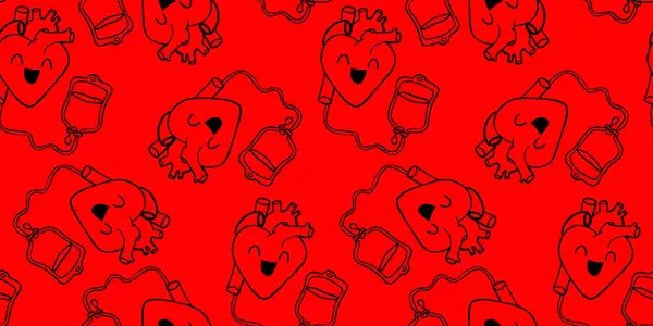 Kan torbası desenli kusursuz kalp. Kırmızı arka planda siyah çizgiler. Sağlık hizmetleri illüstrasyonunda.