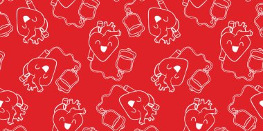 Kusursuz kan bağışı farkındalığı. Kırmızı arkaplanda beyaz ana hatlar, kalp ve kan torbaları. Tıbbi illüstrasyon.