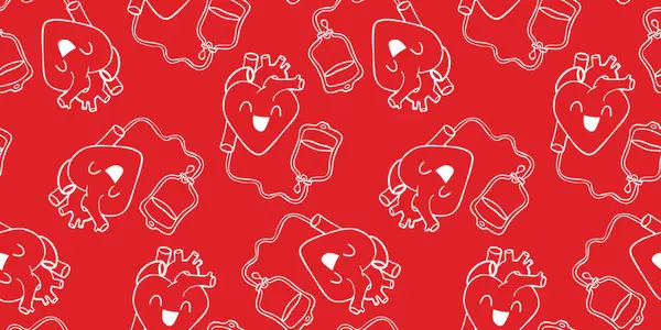 Kusursuz kan bağışı farkındalığı. Kırmızı arkaplanda beyaz ana hatlar, kalp ve kan torbaları. Tıbbi illüstrasyon.