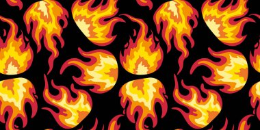 Siyah arkaplansız ateş deseni soyut yanan şenlik ateşi elementleri dekoratif canlı tekstil baskı dokusu dijital illüstrasyon