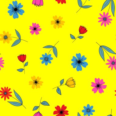 Tekstil web tasarımı duvar kâğıdı dijital illüstrasyon dekoru için canlı, modern modaya uygun, dikey desensiz sarı arka plan renkli çiçekler.