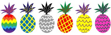 Parlak pop sanatları ananas koleksiyonu, canlı renklerde basit düz vektör simgeleri, web tasarımı için izole edilmiş tropikal meyve seti, posterler, desenler, yaz dekorasyonu