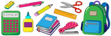 Sırt çantası, kitaplar, cetvel, makas, yapıştırıcı, zımba, kalem, hesap makinesi de dahil olmak üzere beyaz zemin üzerinde izole edilmiş renkli okul malzemeleri.
