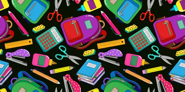 Okul gereçleri ve siyah arka planda sırt çantaları ile renksiz desen, öğrenciler, çocuklar, eğitim ve kırtasiye malzemeleri için okul vektör tasarımına geri dönüş