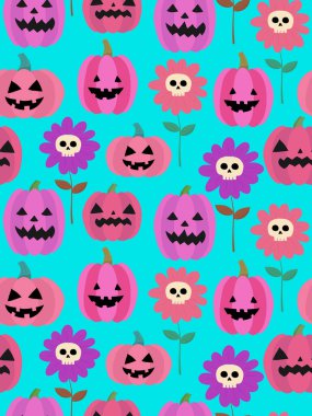 Komik cadılar bayramı deseni pembe Jack o fener kabakları ve kafatası çiçekleri tekstil, çocuklar, parti, dekorasyon için kusursuz şirin vektör arkaplanı.