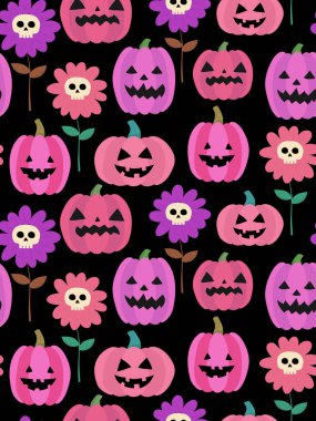 Cadılar bayramında pürüzsüz desenler pembe balkabakları ve siyah arka planda ürkütücü çiçekler, sevimli korkunç Jack o fener yüzleri ve kafatası çiçekleri, neşeli çizgi film vektörü
