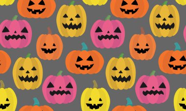 Renkli, korkunç balkabakları, dikişsiz desenli gri arka plan, web tekstil desenli dijital illüstrasyon için bayram tasarımı