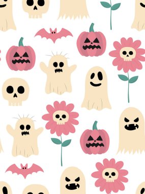 Soyut cadılar bayramı desensiz hayaletler balkabakları yarasalar kafatasları çiçekler bej pembe arka plan eğlence bayramı