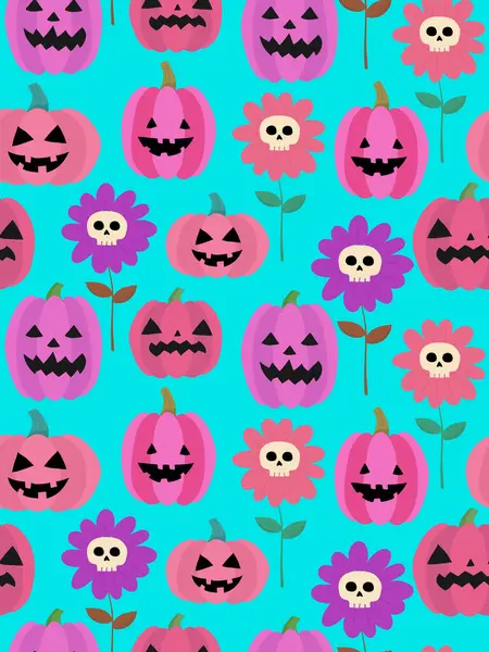 Komik cadılar bayramı deseni pembe Jack o fener kabakları ve kafatası çiçekleri tekstil, çocuklar, parti, dekorasyon için kusursuz şirin vektör arkaplanı.