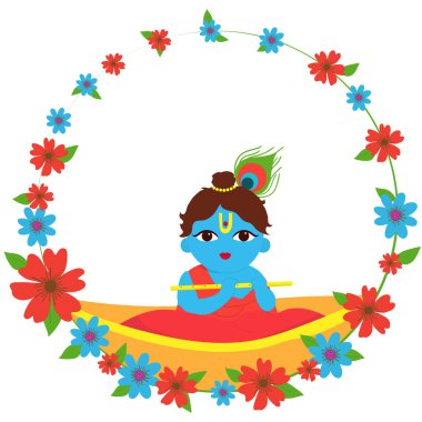 Janmashtami kutlaması için çiçek çelenkli küçük Krishna illüstrasyonu Hindu tanrı bebek Krishn çocuk Hindistan festivali
