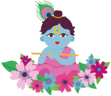 bebek Krishna tavus kuşu tüyü ve renkli çiçeklerle janmashtami hindu festivali vektörü izole edilmiş