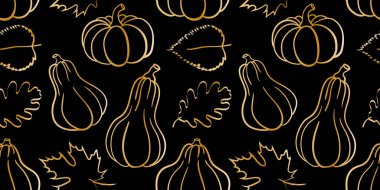 Zarif altın kaplama balkabakları sonbahar yaprakları pürüzsüz siyah arkaplan sonbahar hasat tasarımı lüks minimalist botanik duvar kâğıdı