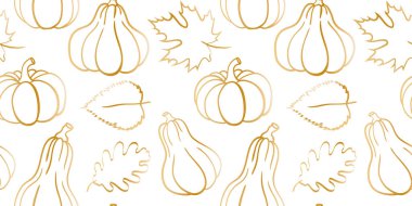 Altın kaplama balkabakları ve sonbahar yaprakları beyaz arka planda pürüzsüz desen Şükran Günü için zarif sonbahar hasat tasarımı