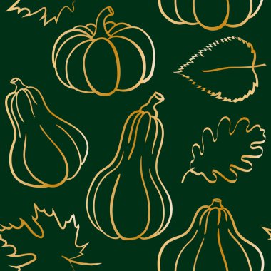 Şık şükran günü dekoratif desen sanat eseri balkabakları çeşitli sonbahar mevsimleri zarif altın hatları, dikişsiz desensiz koyu zümrüt yeşili arkaplan bırakıyor.