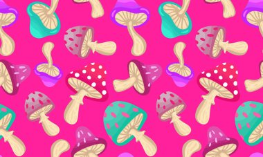 Göz kamaştırıcı kız mantarı pürüzsüz desen canlı pembe arka plan moda tekstil renkli renkli dekoratif projeleri için şık çizgi film mantarları