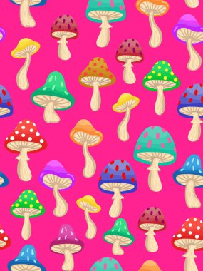 Modern dekor için renkli mantarlı pembe sanat afişi neşeli fantezi mantar desenli canlı yaratıcı arka plan.