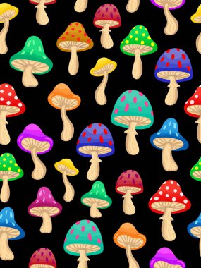 Soyut mantarlar, pürüzsüz desenler, koyu arkaplan canlısı mantarlar, modern grafik tasarım, kaprisli mantarlar, poster fantezilerini tekrarlayan.