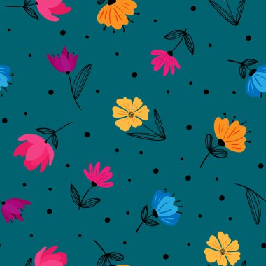 soyut modern çiçeklerle özgün çiçek deseni. Yeşil arka plan. El çizimleri ve doğrusal yapraklarla renklendirilmiş minimum vektör tasarımı.