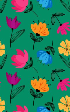 soyut modern çiçeklerle özgün çiçek deseni. Yeşil arka plan. El çizimleri ve doğrusal yapraklarla renklendirilmiş minimum vektör tasarımı.