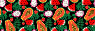 Papaya, ejderha meyvesi, karpuz, çilek ve palmiye yapraklı kusursuz tropikal meyve deseni yaz tekstil, ambalaj ve dekor için siyah arka planda