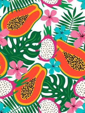 Yaz tasarımı, duvar kâğıdı, tekstil baskısı için papaya, pitaya, yeşil yapraklar ve çiçek desenli kusursuz egzotik meyve ve çiçek deseni.