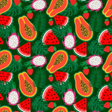 Papaya, ejderha meyvesi, karpuz, çilek ve canavar yaprakları gibi egzotik meyvelerin yaz tasarımı için koyu yeşil arka planda olduğu canlı ve pürüzsüz bir desen.