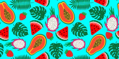 Papaya, ejderha meyvesi, karpuz, açık mavi arka planda çilek palmiyesi desenli kusursuz tropik meyve deseni.