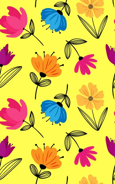 Kusursuz modası geçmiş çiçek desenleri soyut modern çiçekler sarı arka plan - renkli minimalist vektör tasarımı el çizimi doğrusal yapraklar web tasarımı