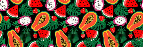 Papaya, ejderha meyvesi, karpuz, çilek ve palmiye yapraklı kusursuz tropikal meyve deseni yaz tekstil, ambalaj ve dekor için siyah arka planda