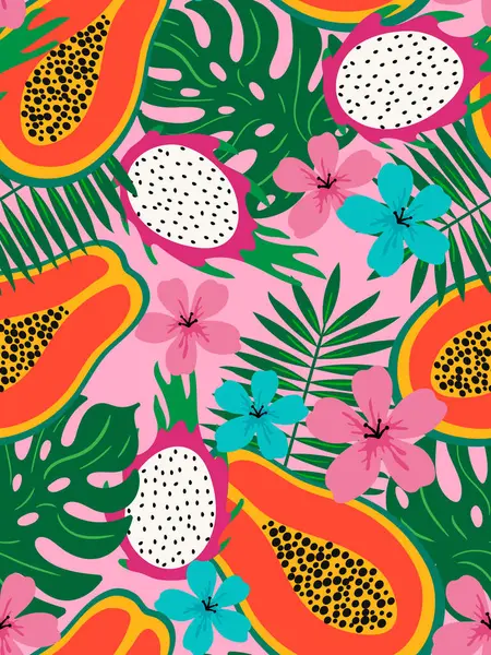 Yaz tekstil ürünleri, ambalaj kağıdı, kumaş ve dekor için pembe zemin üzerinde papaya, ejderha meyvesi, palmiye yaprakları ve çiçeklerle tropikal meyvesiz desen