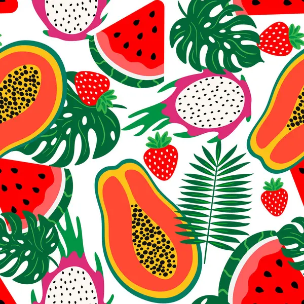 soyut, tropik meyve desenli papaya, ejderha meyvesi, karpuz, beyaz arka planda çilek palmiyesi yaz tekstil yüzeyi web tasarımı için.