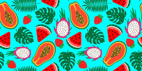 Papaya, ejderha meyvesi, karpuz, açık mavi arka planda çilek palmiyesi desenli kusursuz tropik meyve deseni.