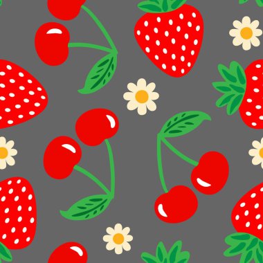 Çilekli kiraz ve çiçeksiz desenli gri arka plan tatlı meyve ve tekstil moda web dekoru için çiçek tasarımı