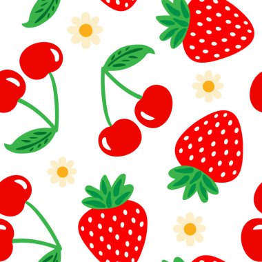 Tatlı yaz meyveleri ve papatyalar çocuk modası ve dekorasyon için neşeli bahçe resimlerini tekrarlıyorlar.