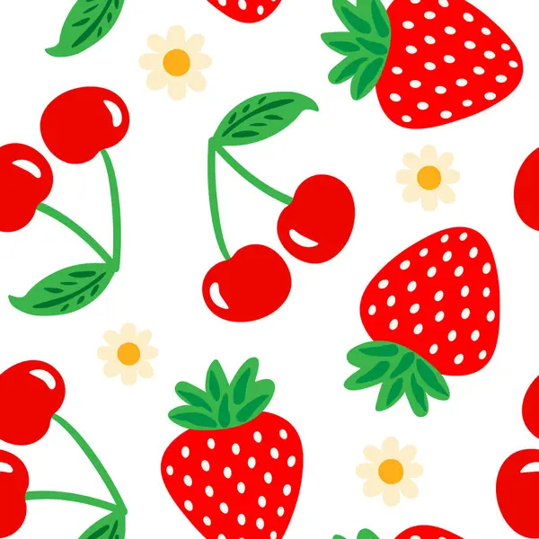 Tatlı yaz meyveleri ve papatyalar çocuk modası ve dekorasyon için neşeli bahçe resimlerini tekrarlıyorlar.