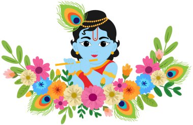 Bebek Krishna çizgi filmi tavus kuşu tüyü ve boş not kağıdında çiçekler Janmashtami, şablon ya da davetiye için bayramlık Hint dini geçmişi
