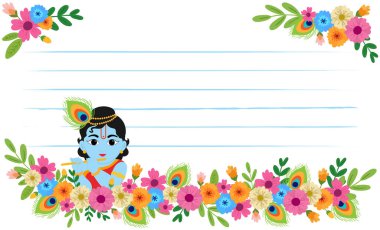Bebek Krishna çizgi filmi tavus kuşu tüyü ve boş not kağıdında çiçekler Janmashtami, şablon ya da davetiye için bayramlık Hint dini geçmişi