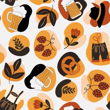 Kusursuz desenli geleneksel elementler bira fincanları krakerler deri pantolonlar Alman oktoberfest kutlamaları için beyaz arka planda çiçekler sektiriyor web tasarım poster kartı