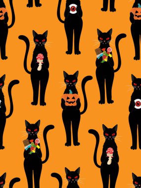 Siyah vampir kedileri ve tüyler ürpertici kırmızı göz küreleri kumaş, duvar kâğıdı, ambalaj ya da parti dekorasyonu için ürkütücü gotik tasarımı olan karanlık cadılar bayramı desenleri.