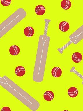 Kriket ekipmanları spor siteleri ürünleri web tasarımı için ideal yarasalar ve kırmızı toplar içeren tekrarlanabilir sarı arka plan