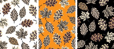 Göz kamaştırıcı sonbahar yaprakları, beyaz turuncu arka plan üzerindeki hayvan desenleri ile kusursuz desen sonbahar dekoru ve web tasarımı