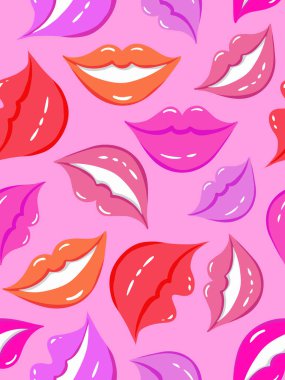 Pembe arka planda gülen dudaklarla kusursuz desen, tekstil için renkli pop sanat tarzı ve gülen kahkahalar için eğlenceli tasarım günü.