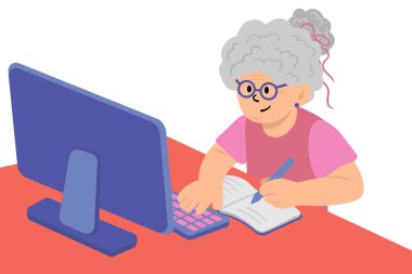 Yaşlı yetişkinler için e-öğrenim ve teknoloji erişimi için bilgisayar düz vektör grafiği