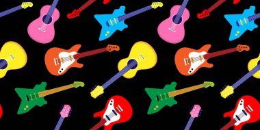 Siyah arkaplan vektörü düz müzik teması üzerinde renkli elektrik ve akustik gitarlarla kusursuz desen